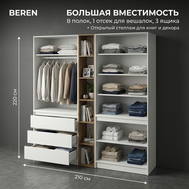 Шкаф 210 см — гардероб пары: вешалки, полки, ящики