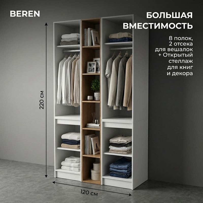 Шкаф 120 см — пальто и платья на вешалках